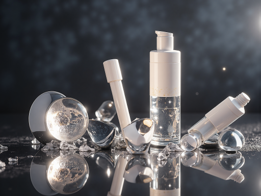 Luxury beauty products on elegant surface with soft lighting, showcasing premium bottles and containers in sophisticated arrangement